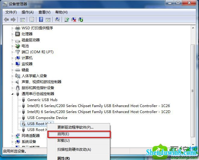 在“UsB Root Hub”右击,选择“启动” win10系统重装系统后无法检测到U盘的解决方法