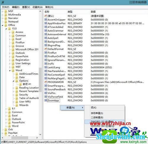 新建dwoRd(32位)值 win8.1系统打开office2013每次都显示安装程序正在准备的解决方法